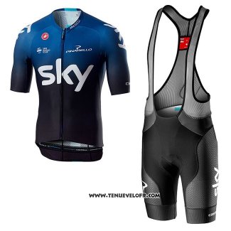 2019 Maillot Ciclismo Sky Aero Noir Bleu Manches Courtes et Cuissard