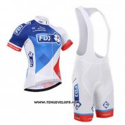 2015 Maillot Ciclismo FDJ Blanc et Bleu Manches Courtes et Cuissard