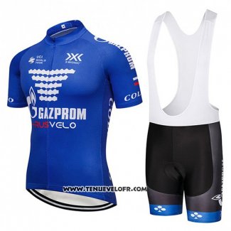 2018 Maillot Ciclismo Gazprom Rusvelo Bleu et Blanc Manches Courtes et Cuissard