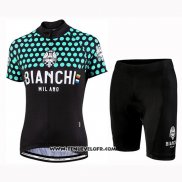 2019 Maillot Ciclismo Femme Bianchi Dot Noir Vert Manches Courtes et Cuissard