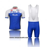 2014 Maillot Ciclismo Italie Blanc et Bleu Manches Courtes et Cuissard