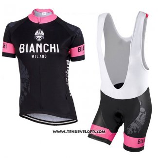 2017 Maillot Ciclismo Femme Bianchi Noir et Rose Manches Courtes et Cuissard