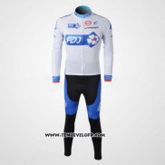 2010 Maillot Ciclismo FDJ Blanc et Bleu Clair Manches Longues et Cuissard
