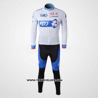 2010 Maillot Ciclismo FDJ Blanc et Bleu Clair Manches Longues et Cuissard