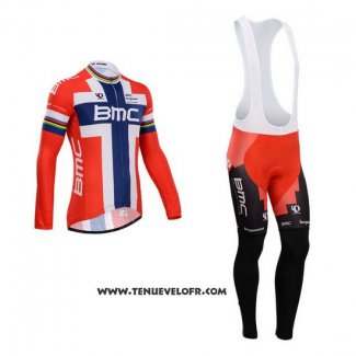 2014 Maillot Ciclismo BMC Champion Norvege Bleu et Rouge Manches Longues et Cuissard