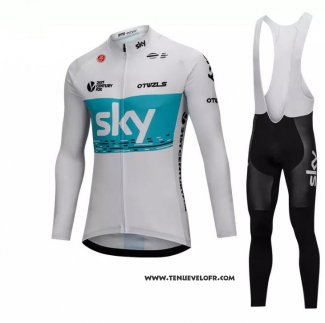 2018 Maillot Ciclismo Sky Blanc et Bleu Manches Longues et Cuissard