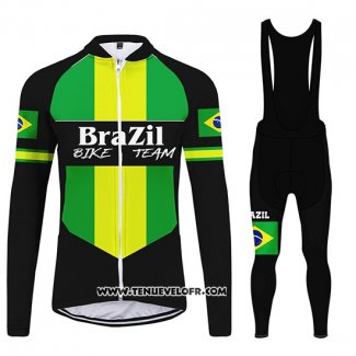 2020 Maillot Ciclismo Bresil Noir Vert Manches Longues et Cuissard