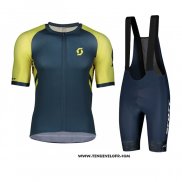 2021 Maillot Cyclisme Scott Jaune Fonce Bleu Manches Courtes et Cuissard