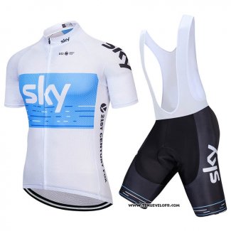 2018 Maillot Ciclismo Sky Blanc Bleu Manches Courtes et Cuissard