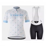 2021 Maillot Cyclisme Femme Trek Blanc Bleu Clair Manches Courtes et Cuissard