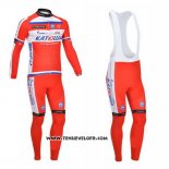 2013 Maillot Ciclismo Katusha Blanc et Rouge Manches Longues et Cuissard