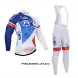 2015 Maillot Ciclismo FDJ Blanc et Bleu Manches Longues et Cuissard