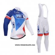 2015 Maillot Ciclismo FDJ Blanc et Bleu Manches Longues et Cuissard