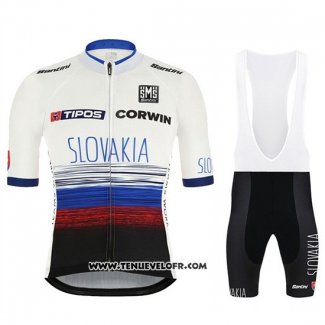 2019 Maillot Ciclismo Slowakeis Blanc Bleu Noir Manches Courtes et Cuissard