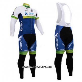 2015 Maillot Ciclismo Orica GreenEDGE Blanc et Bleu Manches Longues et Cuissard