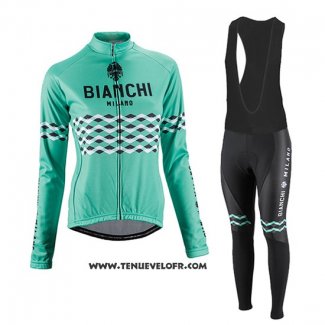 2016 Maillot Ciclismo Femme Bianchi Noir et Vert Manches Longues et Cuissard