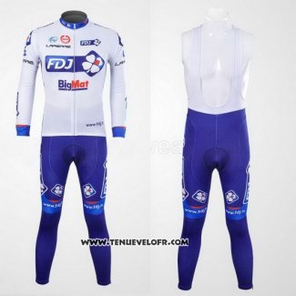 2012 Maillot Ciclismo FDJ Blanc et Azur Manches Longues et Cuissard