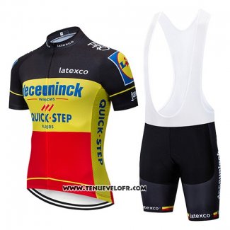 2019 Maillot Ciclismo Deceuninck Quick Step Noir Jaune Rouge Manches Courtes et Cuissard