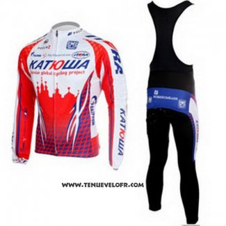 2011 Maillot Ciclismo Katusha Blanc et Rouge Manches Longues et Cuissard