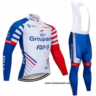 2018 Maillot Ciclismo Groupama FDJ Blanc Bleu Rouge Manches Longues et Cuissard