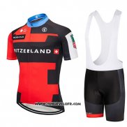 2019 Maillot Ciclismo Suisse Rouge Noir Manches Courtes et Cuissard