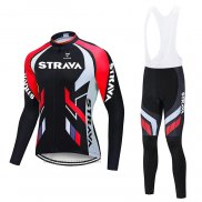 2021 Maillot Cyclisme STRAVA Rouge Noir Manches Longues et Cuissard