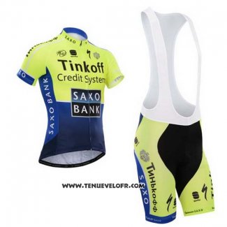 2014 Maillot Ciclismo Tinkoff Saxo Bank Bleu et Vert Manches Courtes et Cuissard