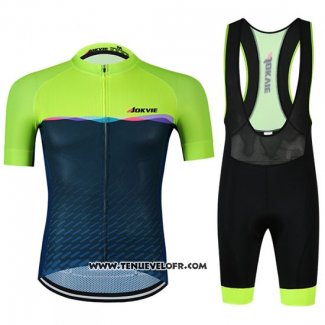 2019 Maillot Ciclismo Jokvie Vert Fonce Bleu Manches Courtes et Cuissard