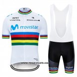 2019 Maillot Ciclismo UCI Mondo Champion Movistar Blanc Bleu Manches Courtes et Cuissard