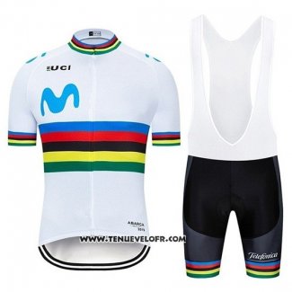 2019 Maillot Ciclismo UCI Mondo Champion Movistar Blanc Manches Courtes et Cuissard