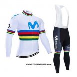 2020 Maillot Ciclismo UCI Mondo Champion Movistar Blanc Bleu Manches Longues et Cuissard