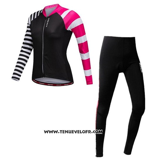 2019 Maillot Ciclismo Femme Wosawe Noir Blanc Rose Manches Longues et Cuissard