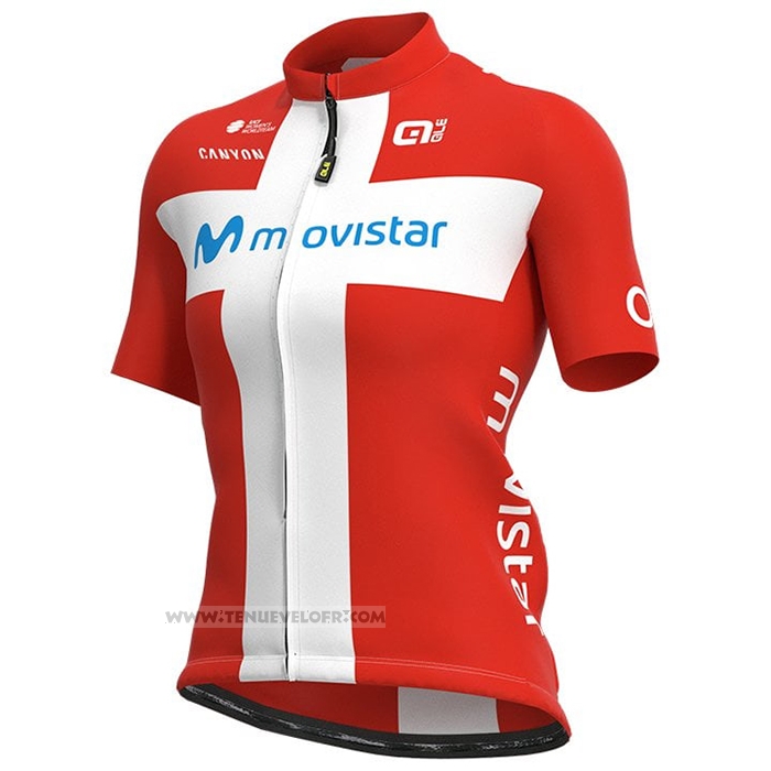 2021 Maillot Cyclisme Femme Movistar Champion Danemark Manches Courtes et Cuissard