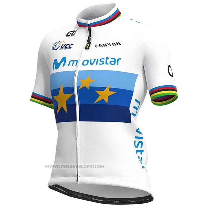 2021 Maillot Cyclisme Femme Movistar Champion Europe Manches Courtes et Cuissard