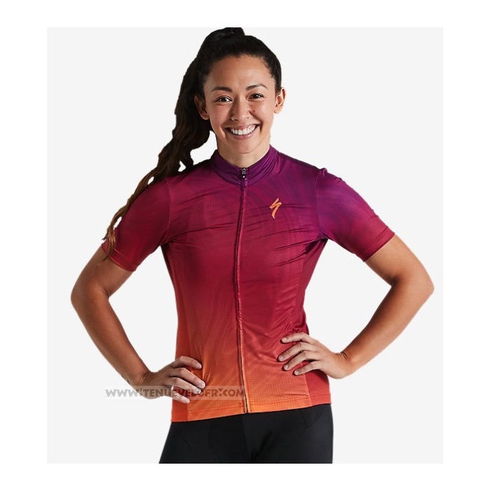 2021 Maillot Cyclisme Femme Specialized Rouge Orange Manches Courtes et Cuissard