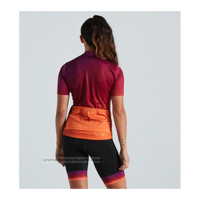 2021 Maillot Cyclisme Femme Specialized Rouge Orange Manches Courtes et Cuissard