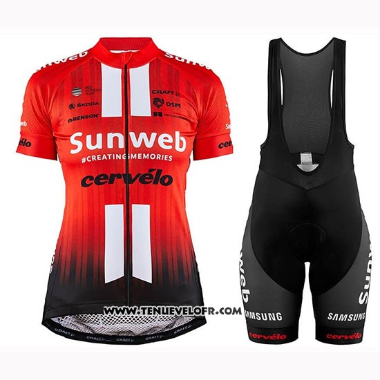 2019 Maillot Ciclismo Femme Sunweb Orange Blanc Manches Courtes et Cuissard