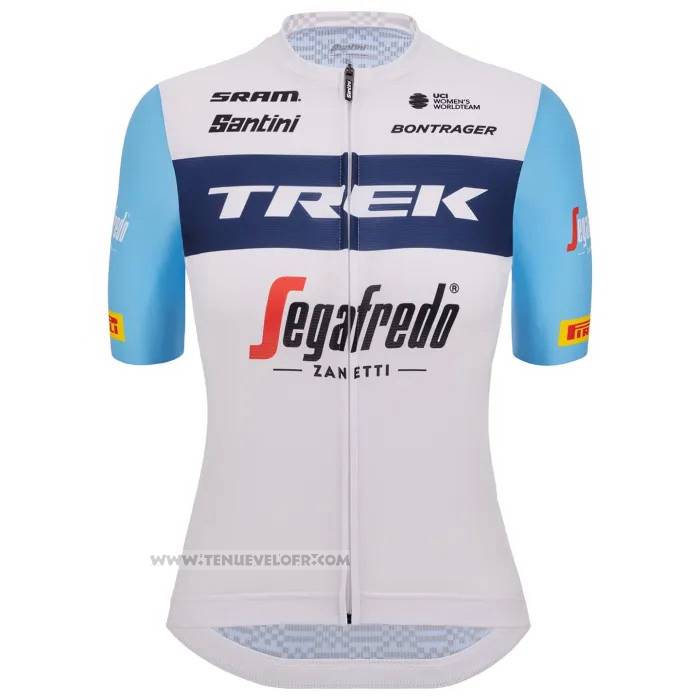 2023 Maillot Cyclisme Femme Trek Blanc Bleu Clair Manches Courtes et Cuissard