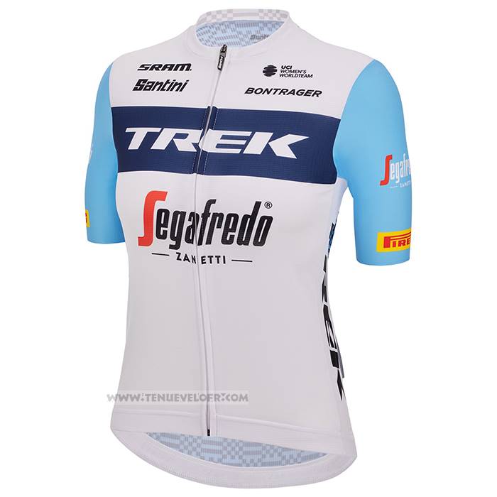 2023 Maillot Cyclisme Femme Trek Blanc Bleu Clair Manches Courtes et Cuissard