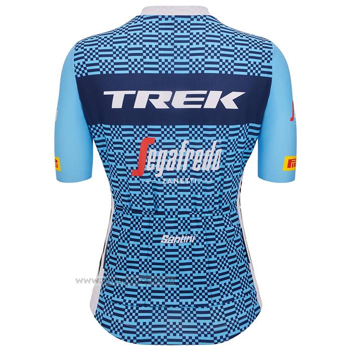 2023 Maillot Cyclisme Femme Trek Blanc Bleu Clair Manches Courtes et Cuissard