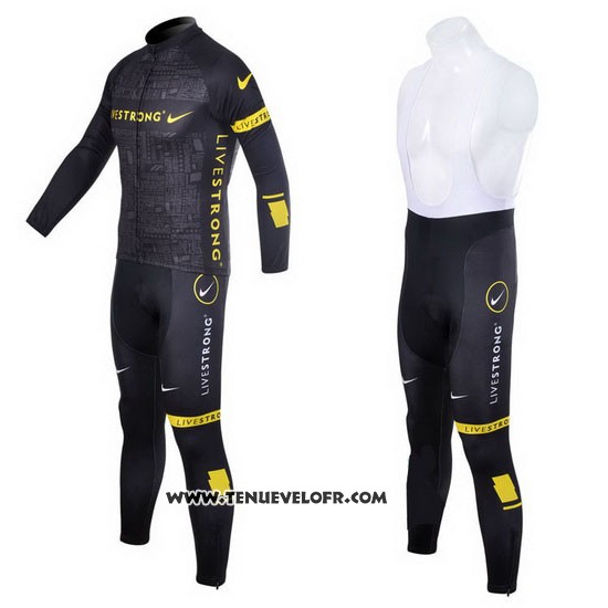 2012 Maillot Ciclismo Livestrong Noir et Jaune Manches Longues et Cuissard