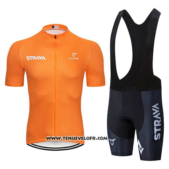 2019 Maillot Ciclismo STRAVA Orange Blanc Manches Courtes et Cuissard