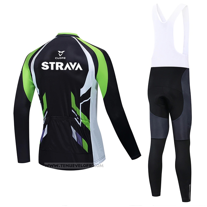 2021 Maillot Cyclisme STRAVA Noir Vert Manches Longues et Cuissard