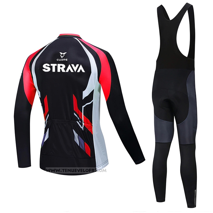 2021 Maillot Cyclisme STRAVA Rouge Noir Manches Longues et Cuissard