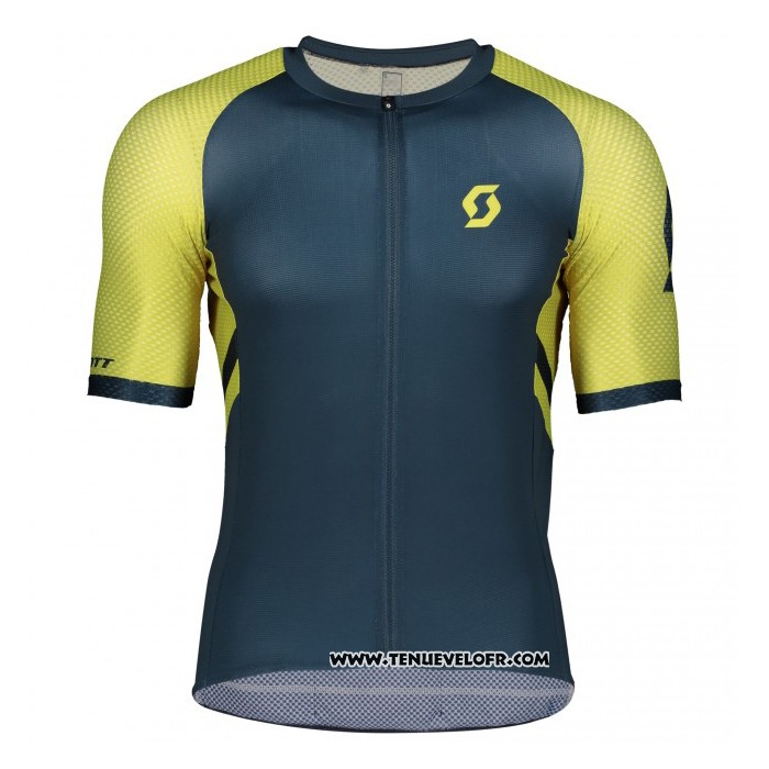 2021 Maillot Cyclisme Scott Jaune Fonce Bleu Manches Courtes et Cuissard