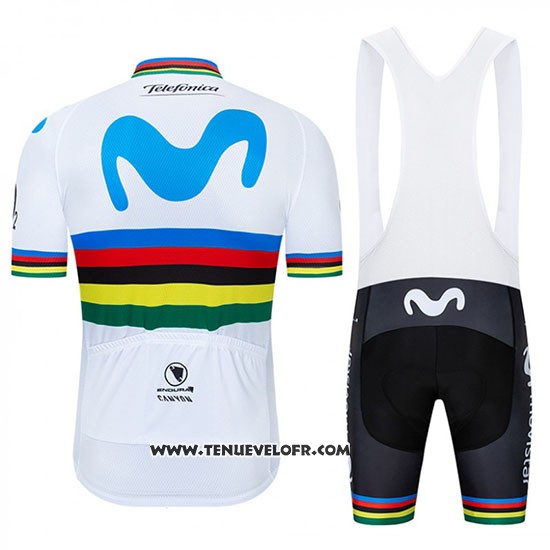 2019 Maillot Ciclismo UCI Mondo Champion Movistar Blanc Bleu Manches Courtes et Cuissard
