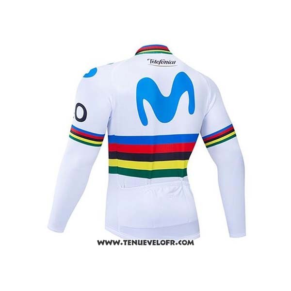 2020 Maillot Ciclismo UCI Mondo Champion Movistar Blanc Bleu Manches Longues et Cuissard