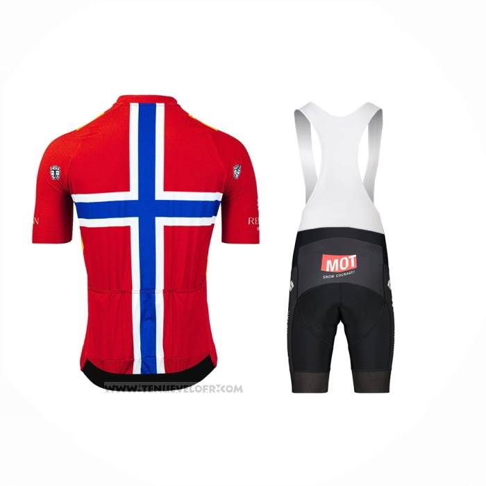 2023 Maillot Cyclisme UNO-X Norvege Champion Rouge Bleu Manches Courtes et Cuissard