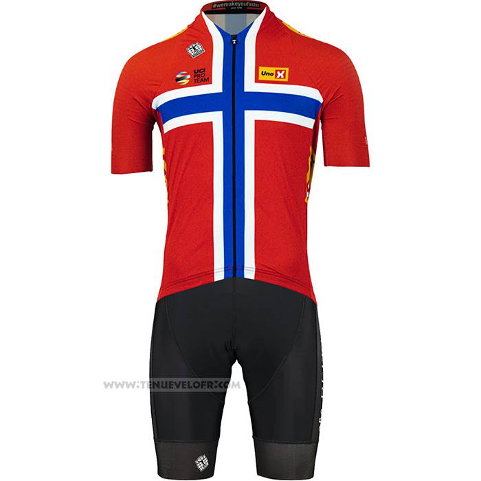 2023 Maillot Cyclisme UNO-X Norvege Champion Rouge Bleu Manches Courtes et Cuissard